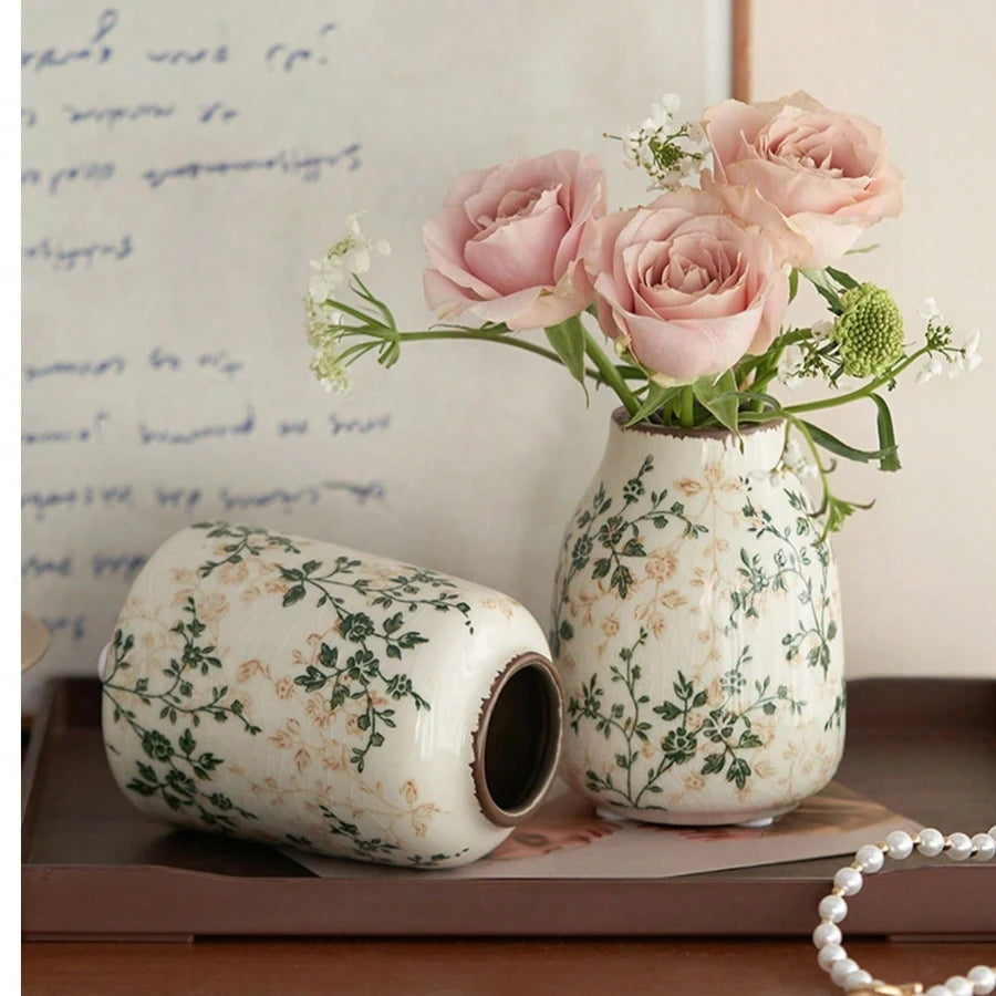 Ice Crackle Ceramic Vases – Vintage-Inspired with Green Accents