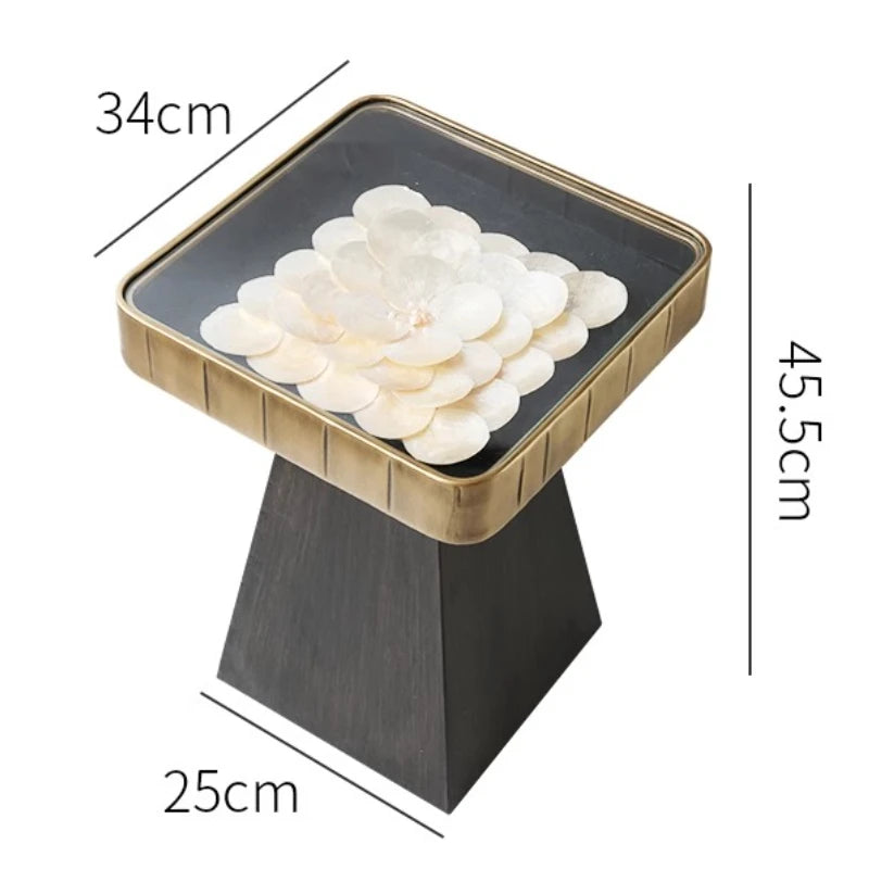 Uitstekende Luukse Art Deco Boho Koffietafel – Handgemaakte Natuurlike Skulp Inlegsel met Smeeyster Geometriese Basis &amp; Glasblad