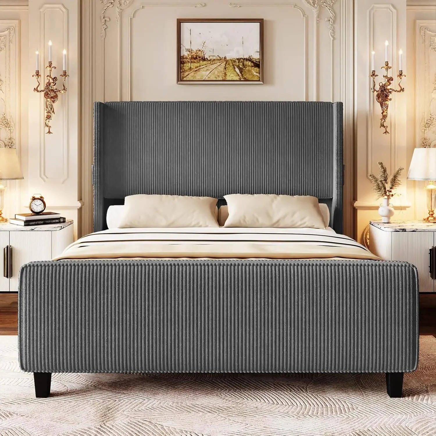 Luxury French Provincial Wingback Upholstered Bed – Timeless Contemporary Elegance with USB Port & Footboard