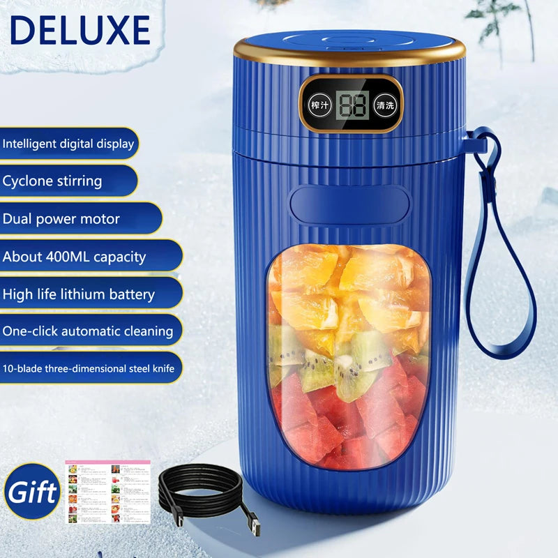 Electric Rechargeable Portable Juicer – 10 Blades with LED Display (Blue & White) WHIMSICAL HOME OF CREATIONS