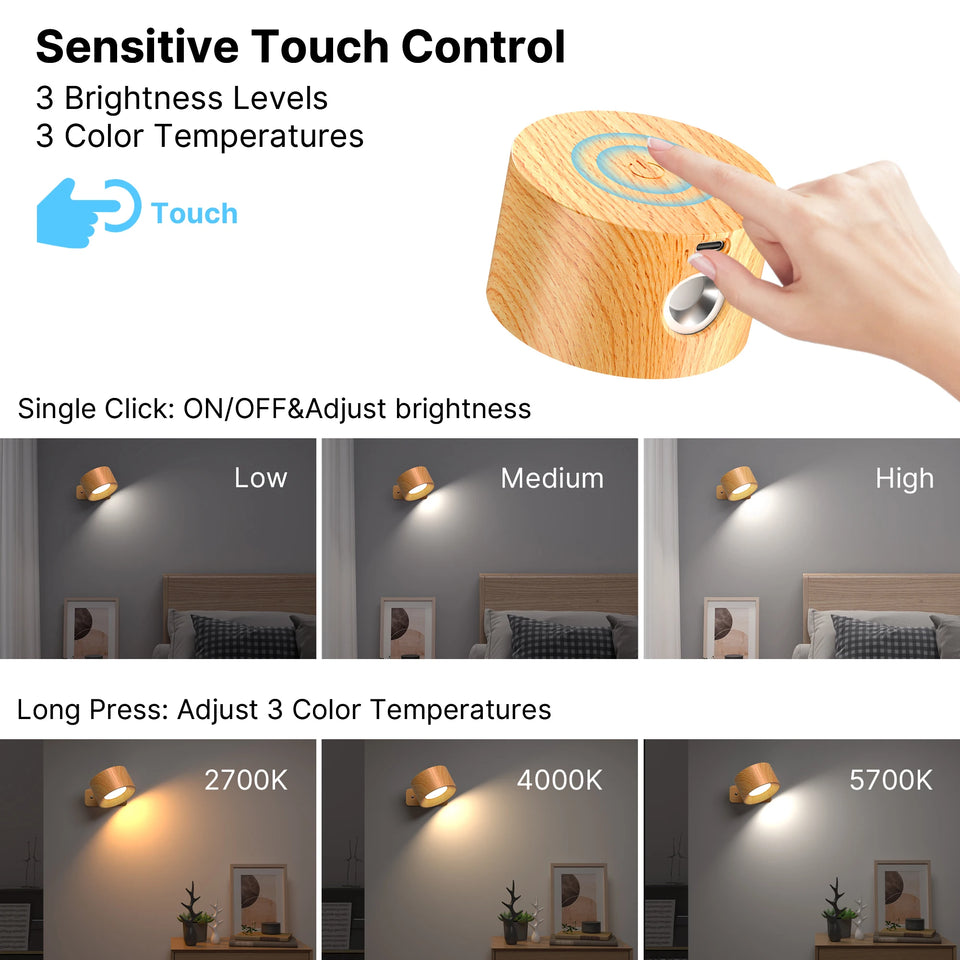 Wooden LED Wall Sconce, 360° Rotatable Dimmable Magnetic Touch Control Rechargeable Battery Operated