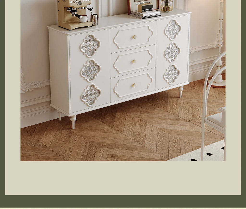 Luxury French Retro Sideboard Buffet Cabinet – Handcrafted Solid Wood with Begonia Glass & Designer Fretwork
