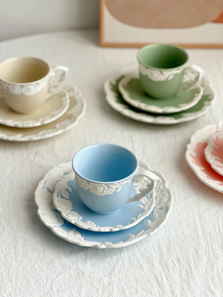 Vintage-Inspired Rose Tea & Coffee Cup Set with Saucer and Cake plate