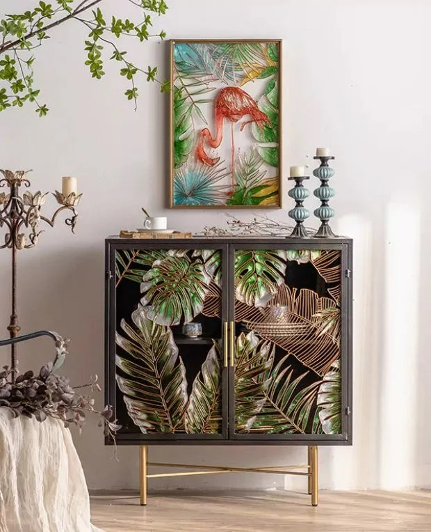 Green & Gold Leaf Vintage Sideboard Cabinet