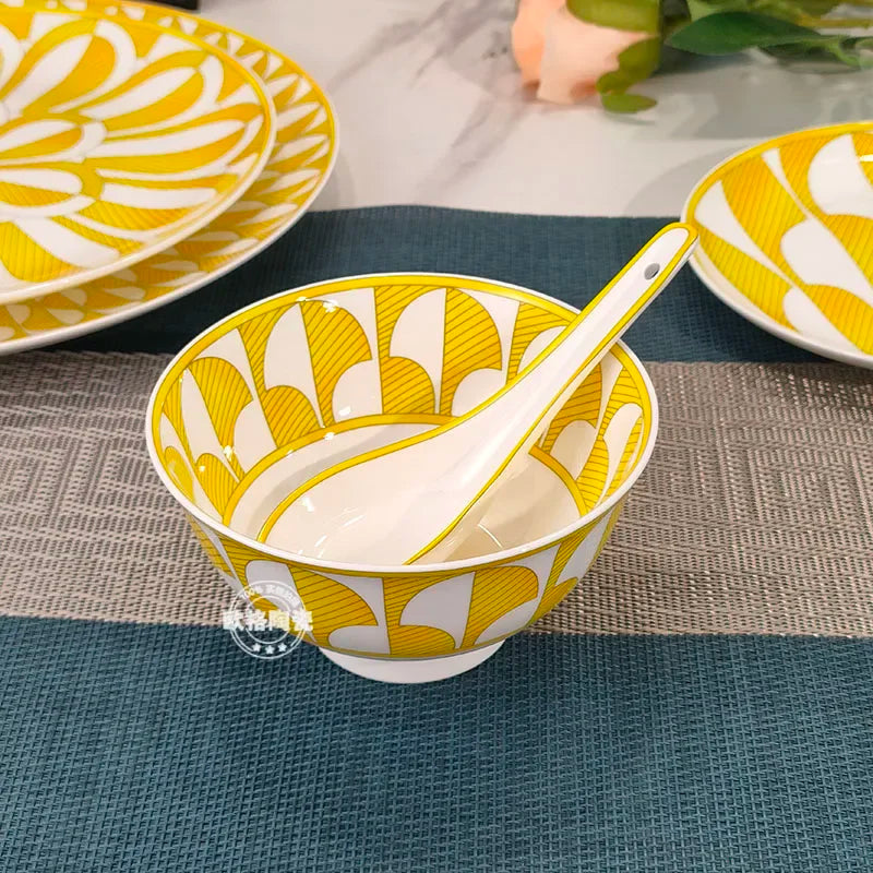 Elegant Bone China Dinnerware Set in Diamond Pattern – Sunshine Yellow