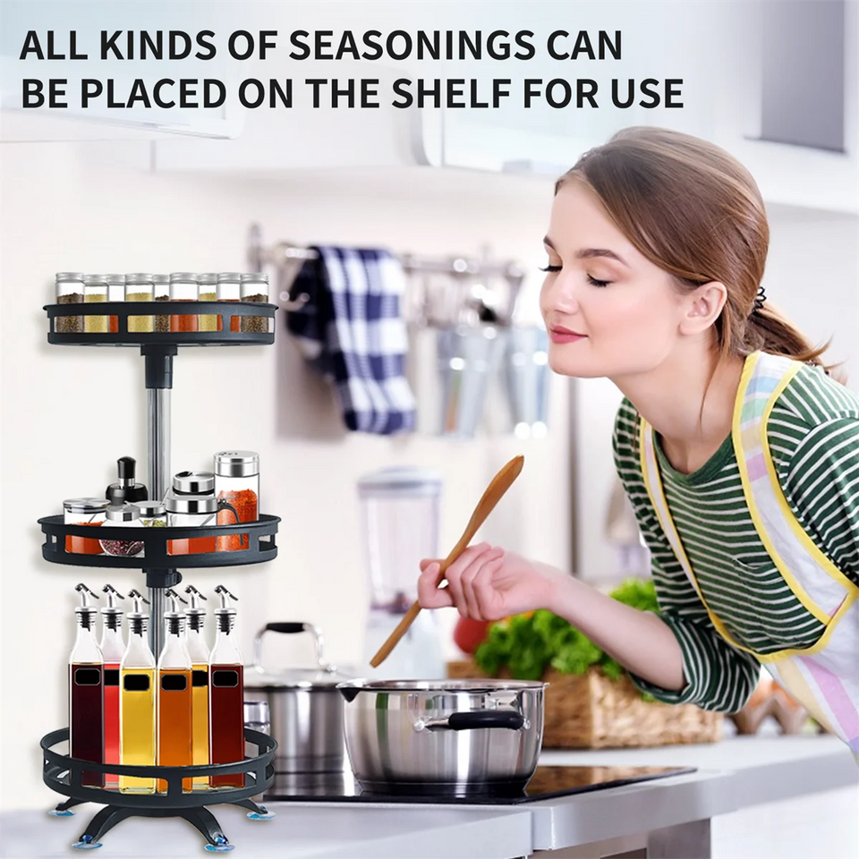 360° Rotating Carbon Steel Spice Rack Organizer – Adjustable Multi-Layer with Suction Cups