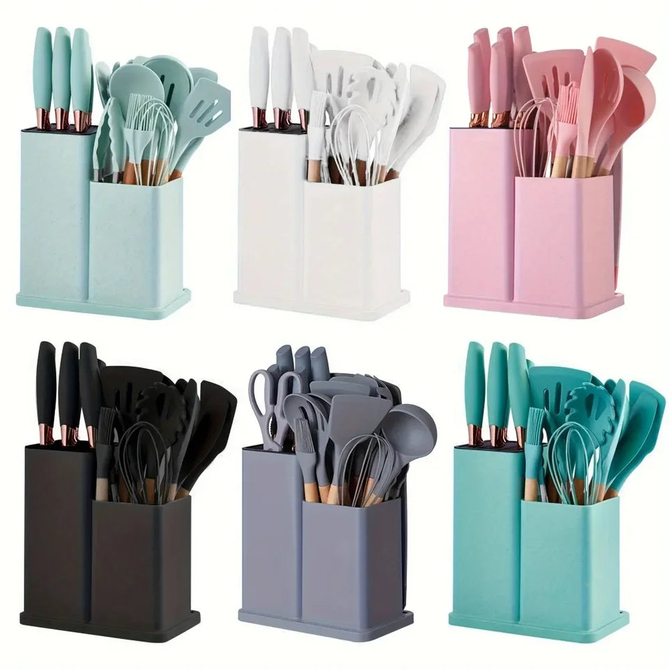 19-Piece Silicone Kitchen Utensils & Knife Set with Chopping Board