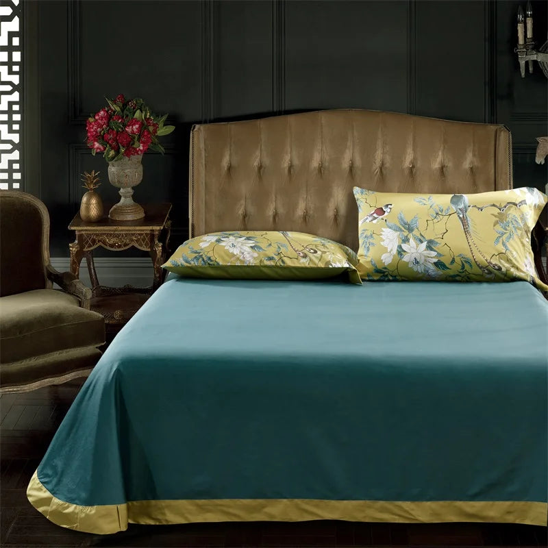 Luxury 600TC Pure Egyptian Cotton Botanical Floral Duvet Cover Set — Vintage Chinoiserie Golden Mustard Yellow (4-Piece Set) WHIMSICAL HOME OF CREATIONS