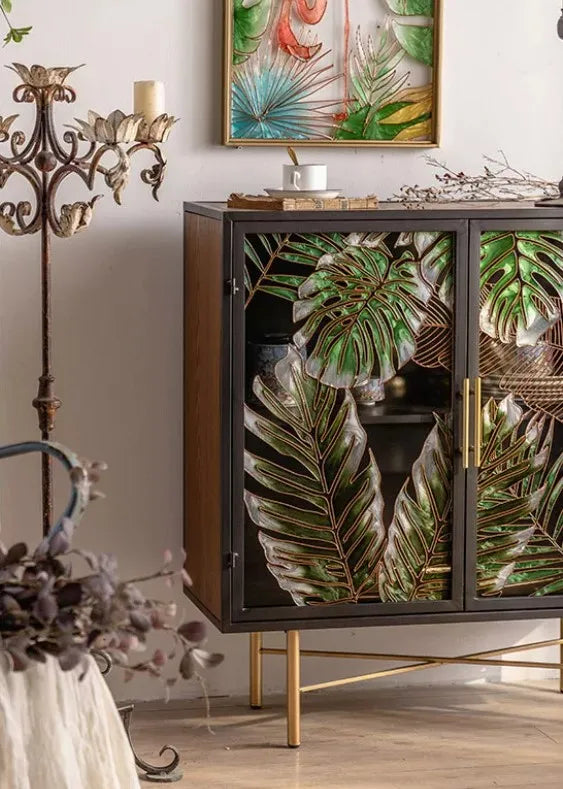 Green & Gold Leaf Vintage Sideboard Cabinet