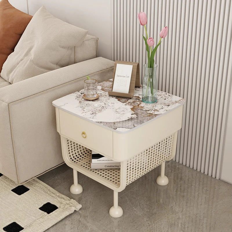 Luxury Modern Minimalist Scandinavian Nightstand – Marble Top with Woven Metal Storage