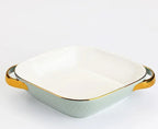 Golden Edge Ceramic Baking Dish – Retro Elegance Meets Everyday Function(non burning handles) WHIMSICAL HOME OF CREATIONS