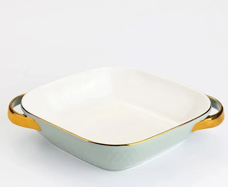 Golden Edge Ceramic Baking Dish – Retro Elegance Meets Everyday Function(non burning handles) WHIMSICAL HOME OF CREATIONS
