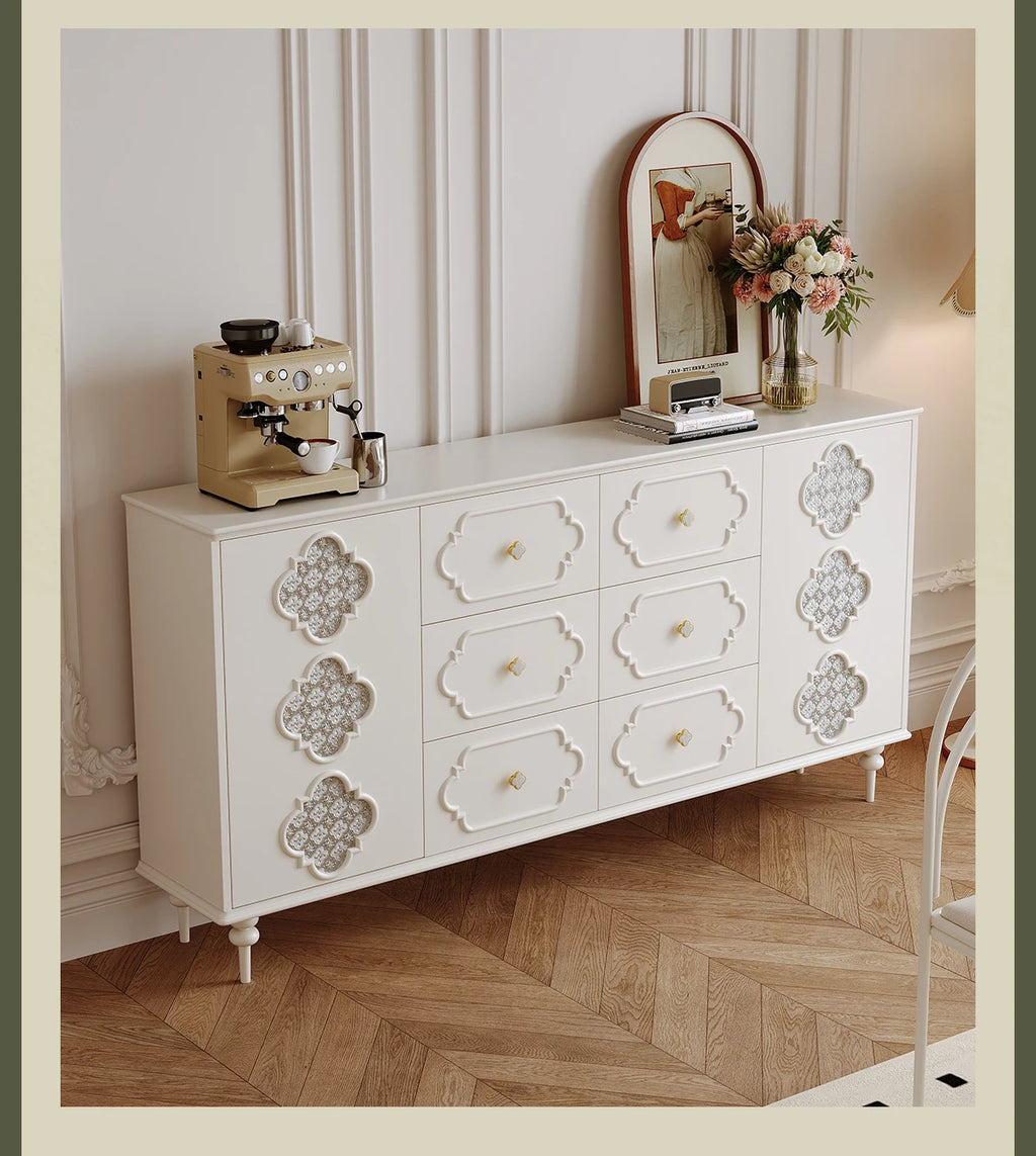 Luxury French Retro Sideboard Buffet Cabinet – Handcrafted Solid Wood with Begonia Glass & Designer Fretwork