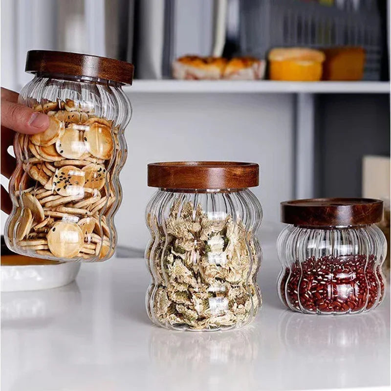 3-Piece high-quality Borosilicate Glass Kitchen Canister Set – With Wooden Lids