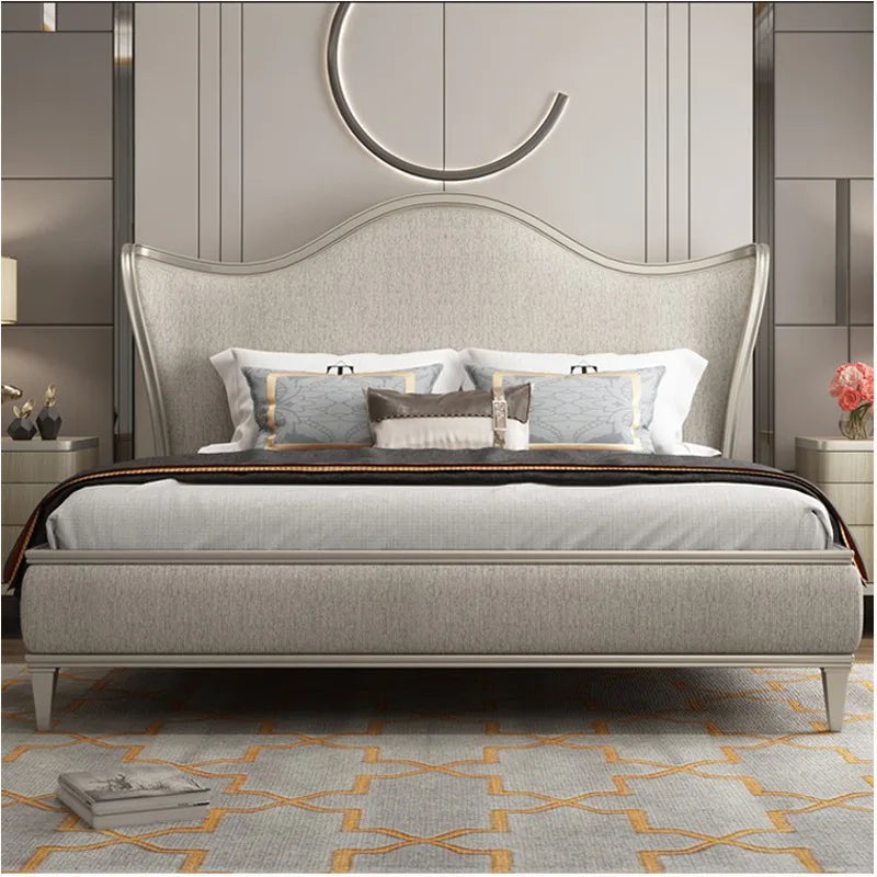 Luxury Contemporary Arched Headboard Bed – Upholstered Fabric with Champagne Gold Trim (Double Size, 1200mm Width)