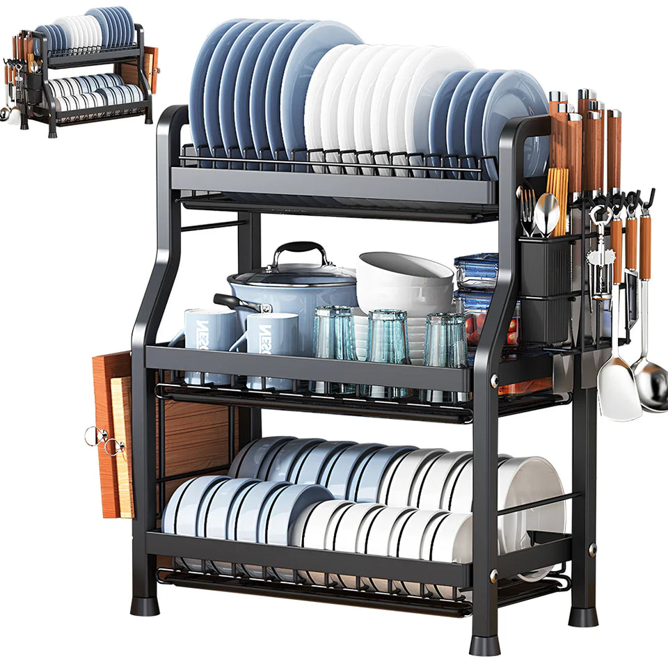 High Quality Dish Drying Rack 2/3-Tier Carbon Steel Kitchen Dish Rack Drainboard Set Dish Drainer