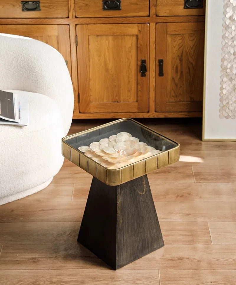 Uitstekende Luukse Art Deco Boho Koffietafel – Handgemaakte Natuurlike Skulp Inlegsel met Smeeyster Geometriese Basis &amp; Glasblad