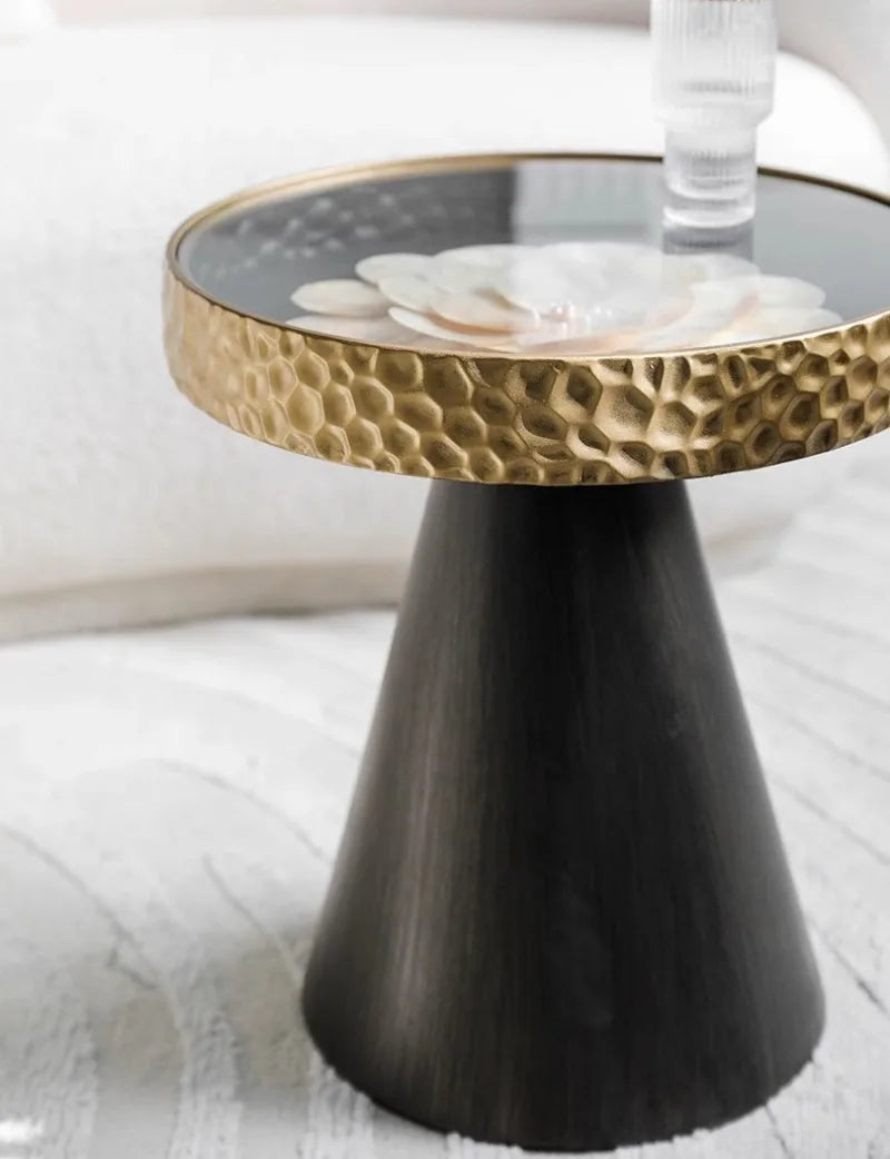 Uitstekende Luukse Art Deco Boho Koffietafel – Handgemaakte Natuurlike Skulp Inlegsel met Smeeyster Geometriese Basis &amp; Glasblad