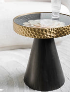 Uitstekende Luukse Art Deco Boho Koffietafel – Handgemaakte Natuurlike Skulp Inlegsel met Smeeyster Geometriese Basis &amp; Glasblad