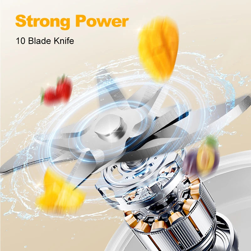 Electric Rechargeable Portable Juicer – 10 Blades with LED Display (Blue & White)