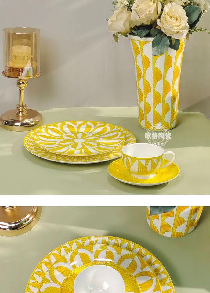 Elegant Bone China Dinnerware Set in Diamond Pattern – Sunshine Yellow