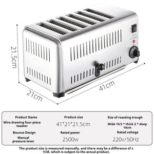 2250W High-Power 6-Slot Commercial Toaster – Quick 60-Second Toast, Stainless Steel