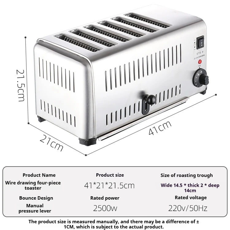 2250W High-Power 6-Slot Commercial Toaster – Quick 60-Second Toast, Stainless Steel