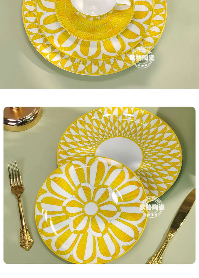 Elegant Bone China Dinnerware Set in Diamond Pattern – Sunshine Yellow