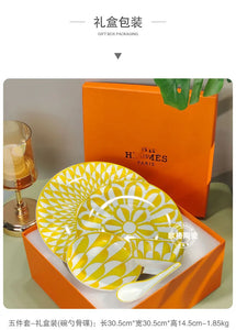 Elegant Bone China Dinnerware Set in Diamond Pattern – Sunshine Yellow