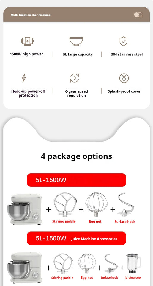 10L Chef Stainless Steel Electric Mixer – 1500W High Power with 6L Bowl & Splash-Proof Cover