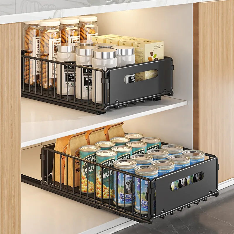 Carbon Steel Pull-Out Folding Cabinet Storage Rack – Double Layer, Heavy-Duty
