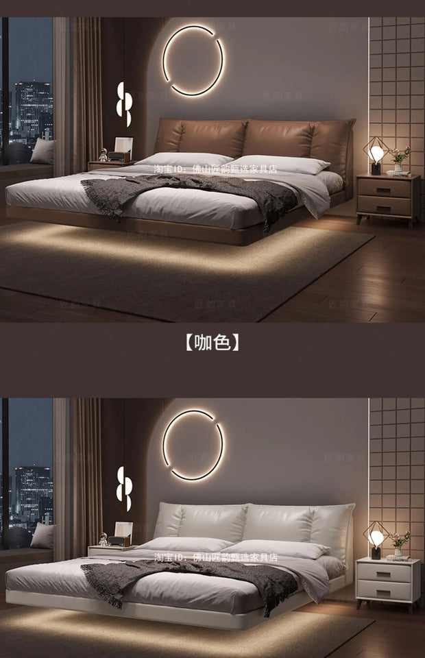 Truffle Brown Floating Modern Retro Genuine Leather Bed with Storage & Nightstands(Floats 15cm from ground)