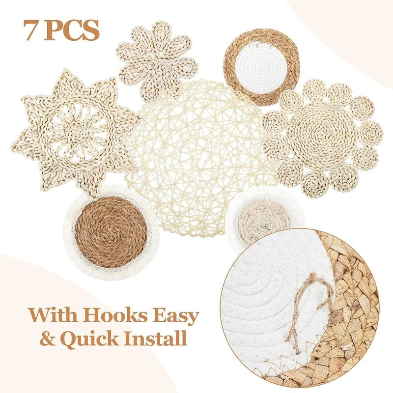 4/7pcs Natural Rattan Wall Hanging Decor – Farmhouse & Boho Timeless Style
