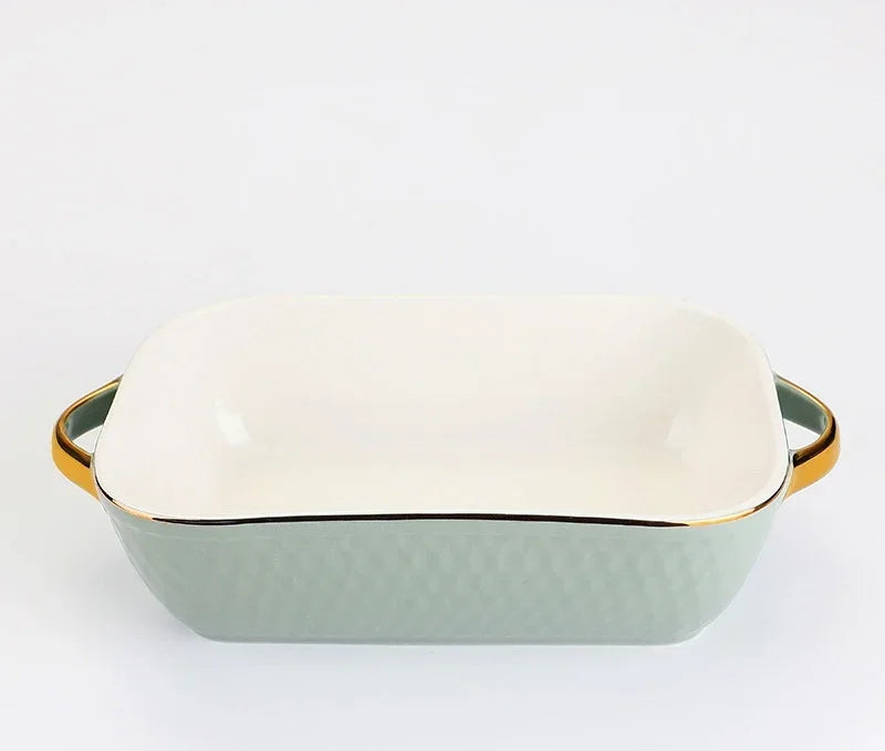 Golden Edge Ceramic Baking Dish – Retro Elegance Meets Everyday Function(non burning handles)