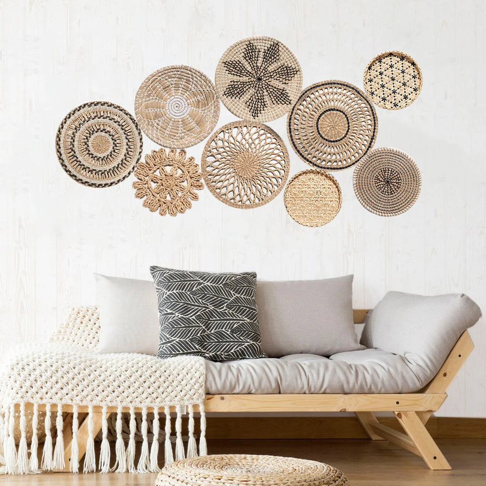 9-Piece Boho & Hamptons Style Rattan Wall Hanging Set – Neutral Tones & Timeless Sophistication