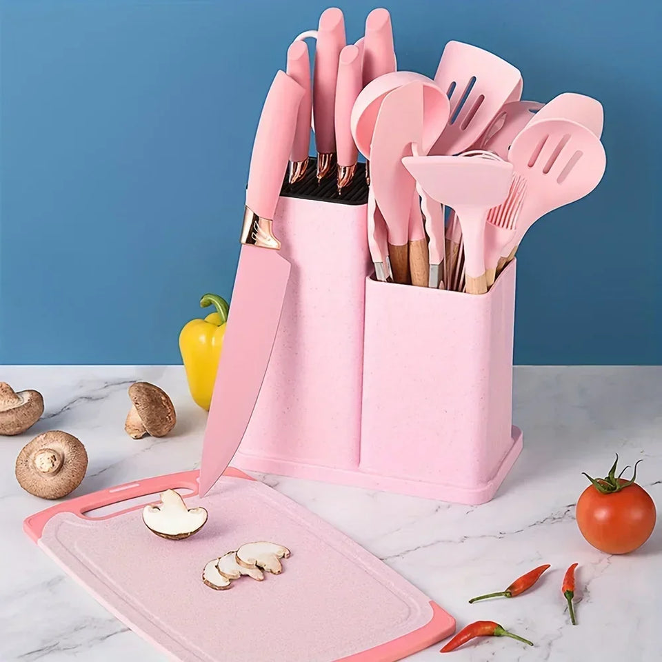 19-Piece Silicone Kitchen Utensils & Knife Set with Chopping Board
