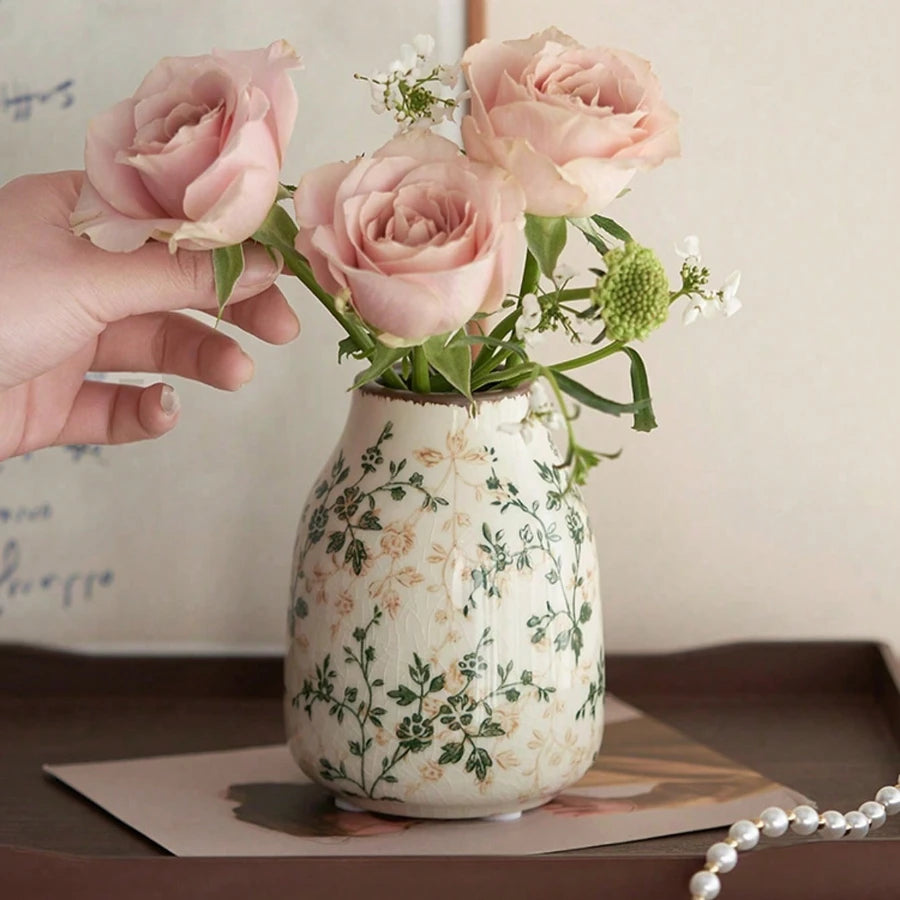 Ice Crackle Ceramic Vases – Vintage-Inspired with Green Accents