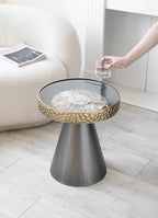 Uitstekende Luukse Art Deco Boho Koffietafel – Handgemaakte Natuurlike Skulp Inlegsel met Smeeyster Geometriese Basis &amp; Glasblad