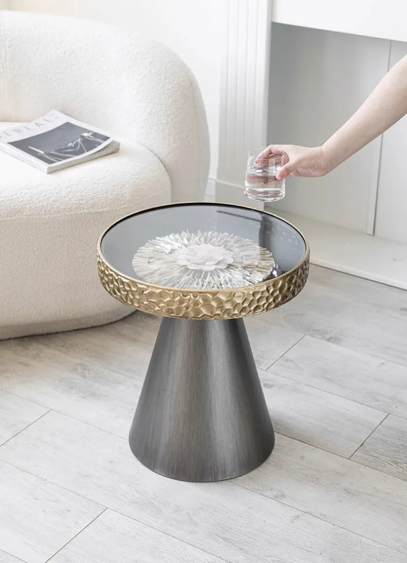 Uitstekende Luukse Art Deco Boho Koffietafel – Handgemaakte Natuurlike Skulp Inlegsel met Smeeyster Geometriese Basis &amp; Glasblad