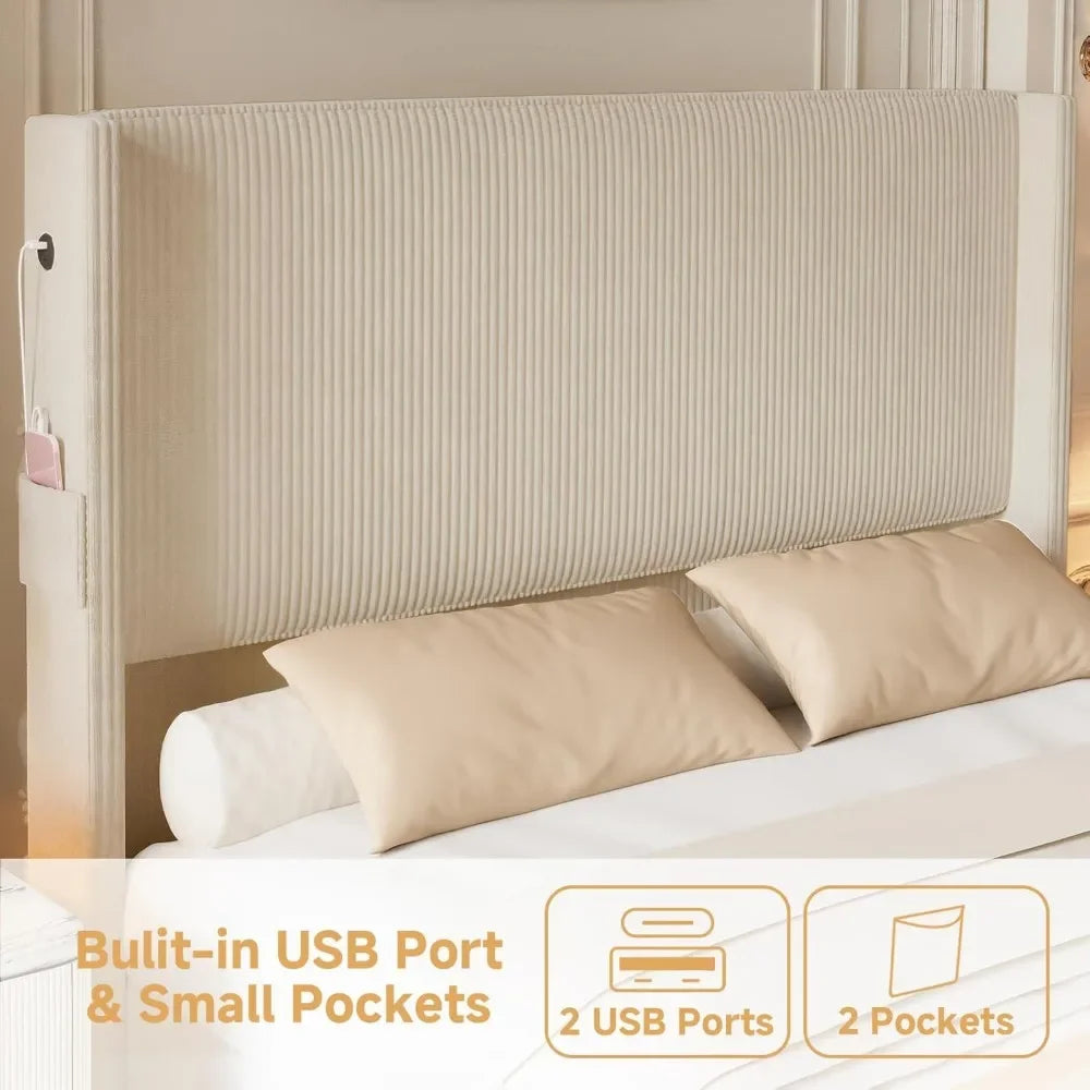 Luukse Franse Provinsiale Vlerkrug Gestoffeerde Bed – Tydlose Hedendaagse Elegansie met USB-poort en Voetbord
