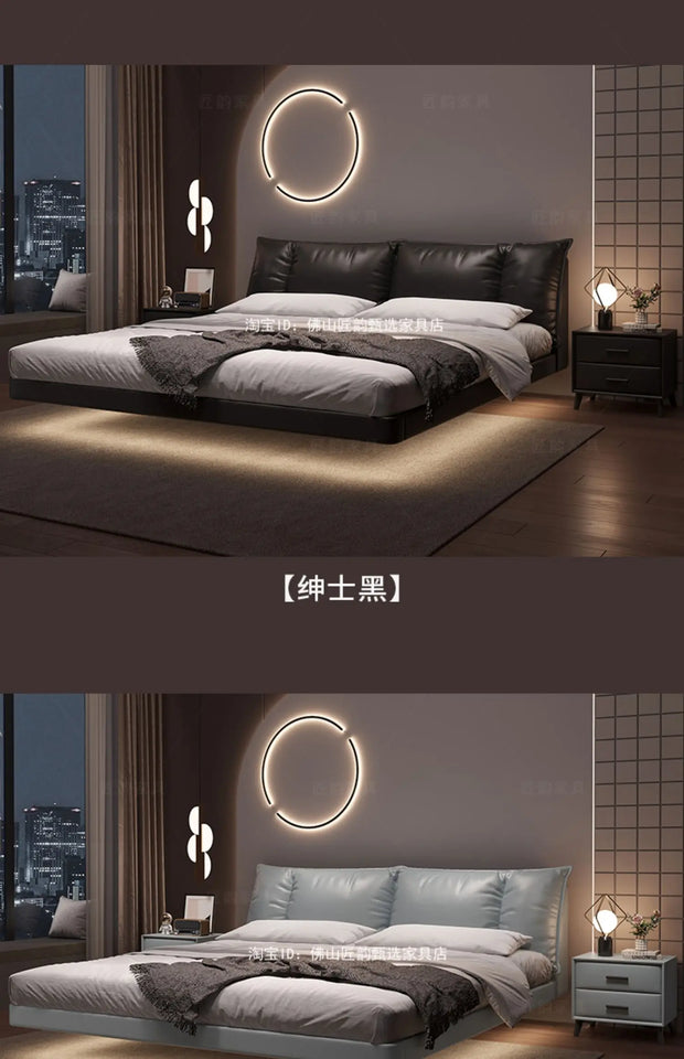 Truffle Brown Floating Modern Retro Genuine Leather Bed with Storage & Nightstands(Floats 15cm from ground)