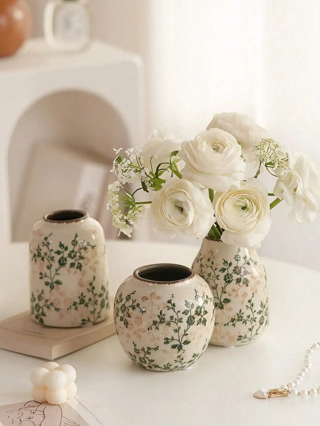 Ice Crackle Ceramic Vases – Vintage-Inspired with Green Accents WHIMSICAL HOME OF CREATIONS