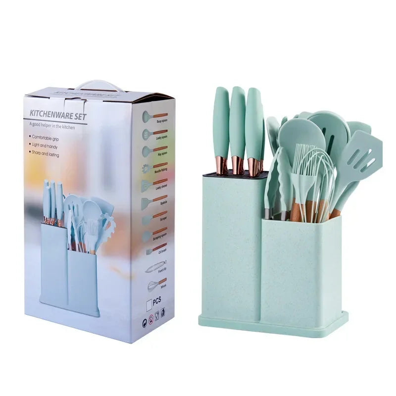 19-Piece Silicone Kitchen Utensils & Knife Set with Chopping Board