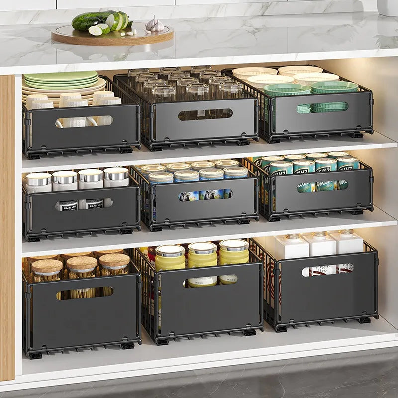 Carbon Steel Pull-Out Folding Cabinet Storage Rack – Double Layer, Heavy-Duty