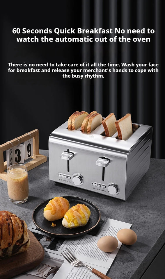 2250W High-Power 6-Slot Commercial Toaster – Quick 60-Second Toast, Stainless Steel