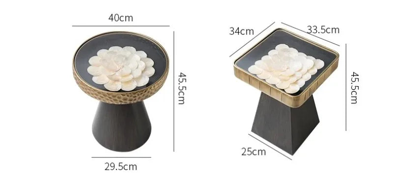 Uitstekende Luukse Art Deco Boho Koffietafel – Handgemaakte Natuurlike Skulp Inlegsel met Smeeyster Geometriese Basis &amp; Glasblad