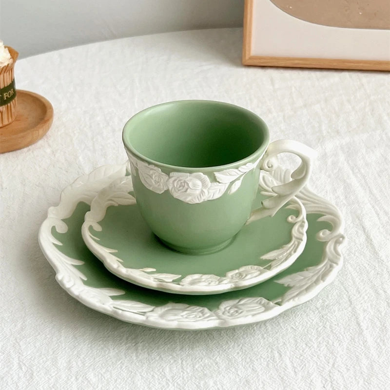 Vintage-Inspired Rose Tea & Coffee Cup Set with Saucer and Cake plate