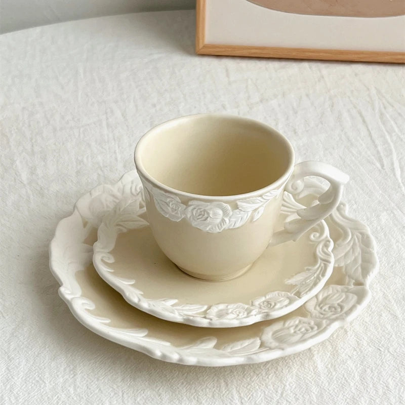 Vintage-Inspired Rose Tea & Coffee Cup Set with Saucer and Cake plate