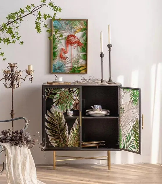 Green & Gold Leaf Vintage Sideboard Cabinet