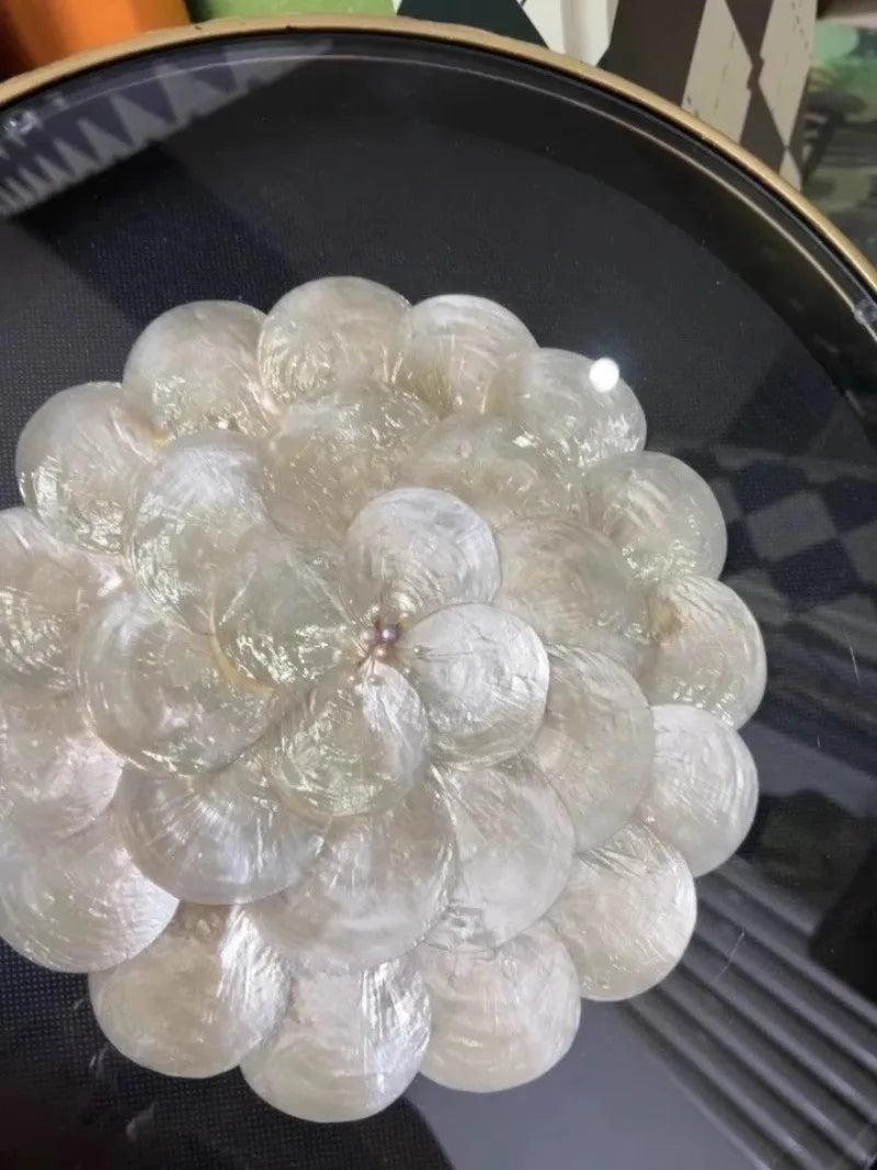 Uitstekende Luukse Art Deco Boho Koffietafel – Handgemaakte Natuurlike Skulp Inlegsel met Smeeyster Geometriese Basis &amp; Glasblad
